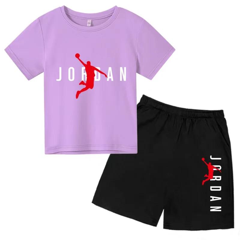 Ensemble deux pièces été 2026 pour enfants : T-shirt blanc et short, imprimé lettres de basket-ball,