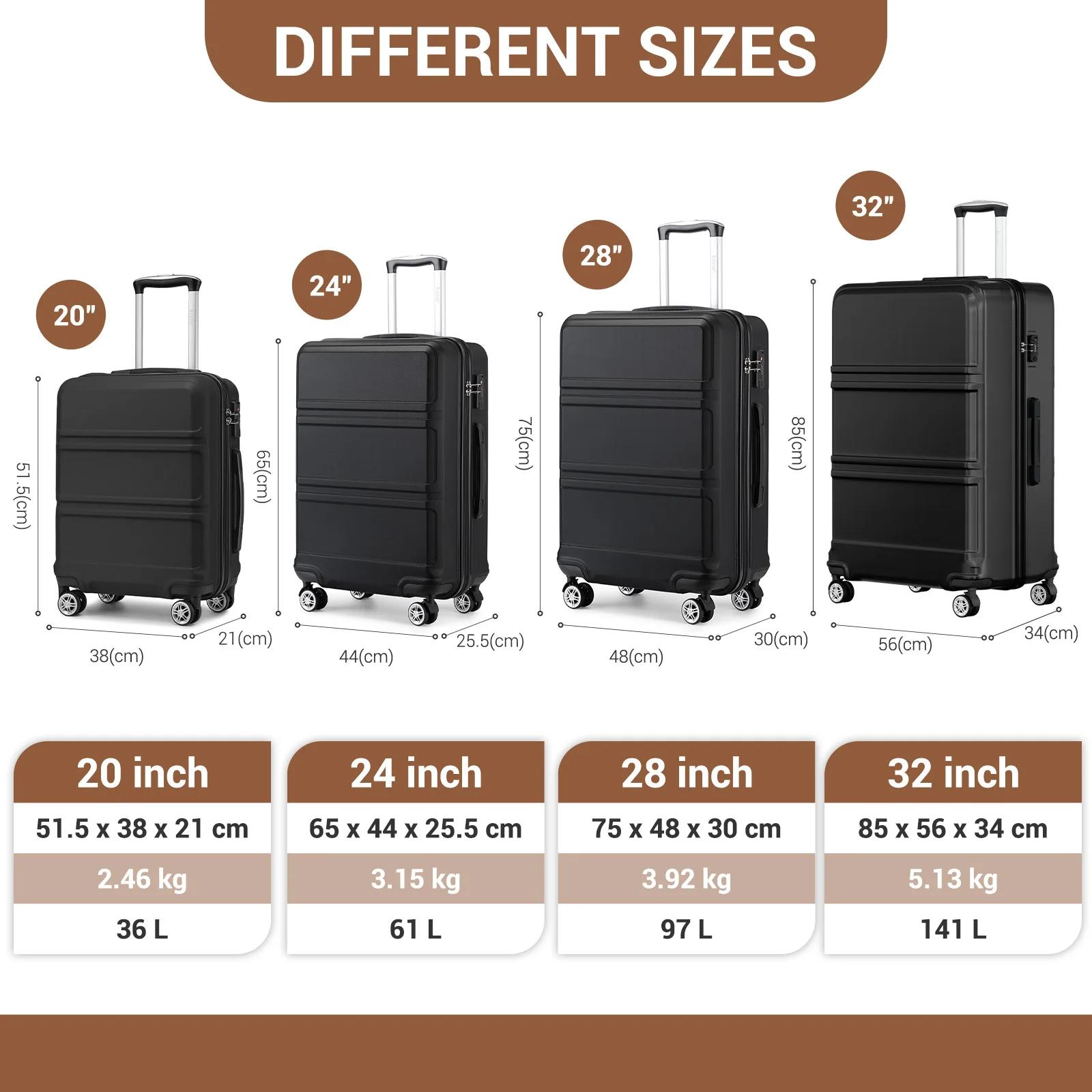 Valise trolley KONO ABS + PC 4 roues jumelles avec serrure TSA (36L-141L) – Coque rigide légère