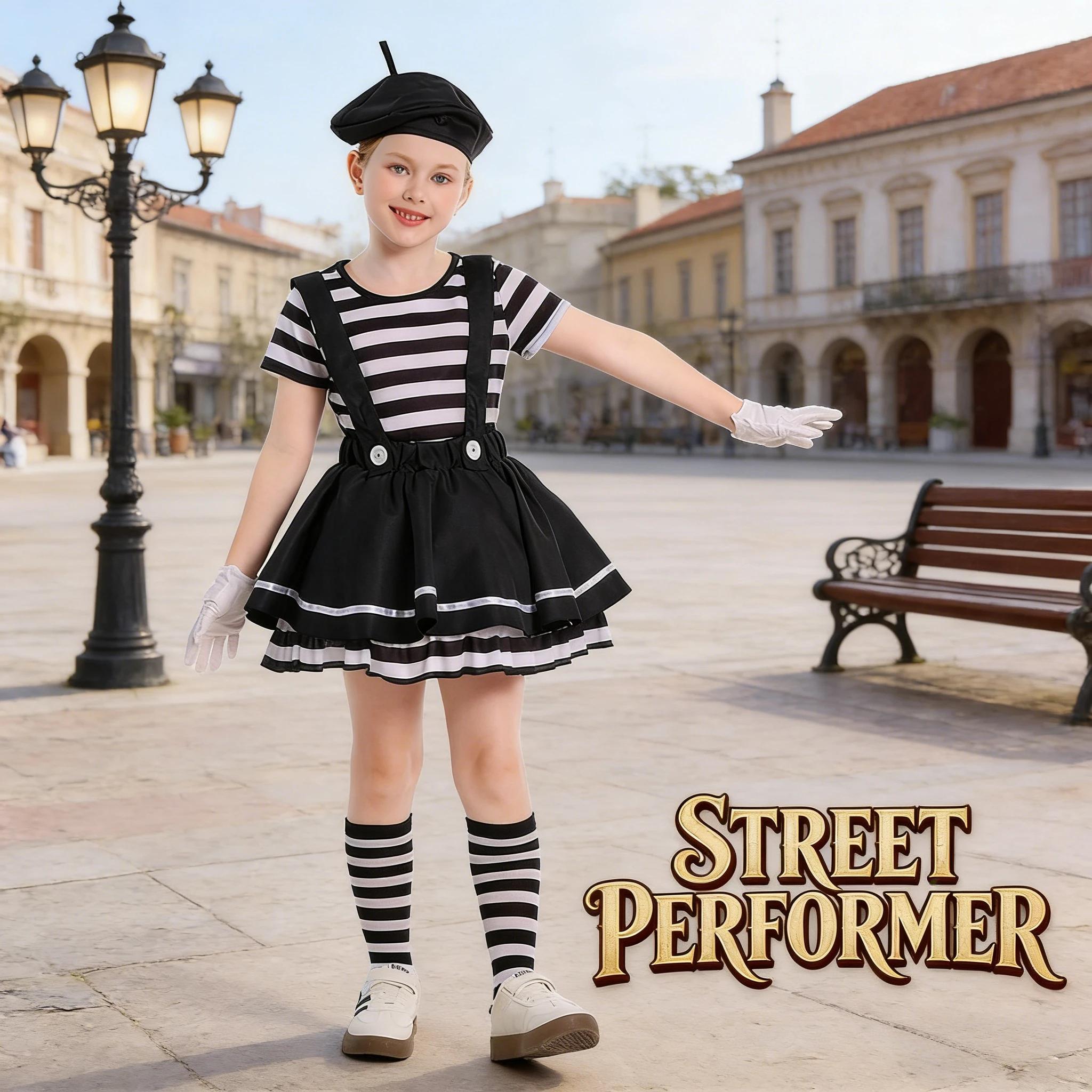 Costume de clown mime pour filles, tenue amusante pour spectacles, festivals, célébrations et théâtr
