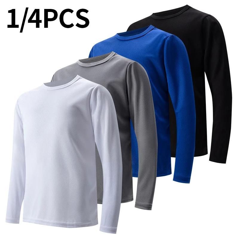 T-shirt à manches longues et col rond pour enfants, couleur unie, sport, séchage rapide, pour garçon