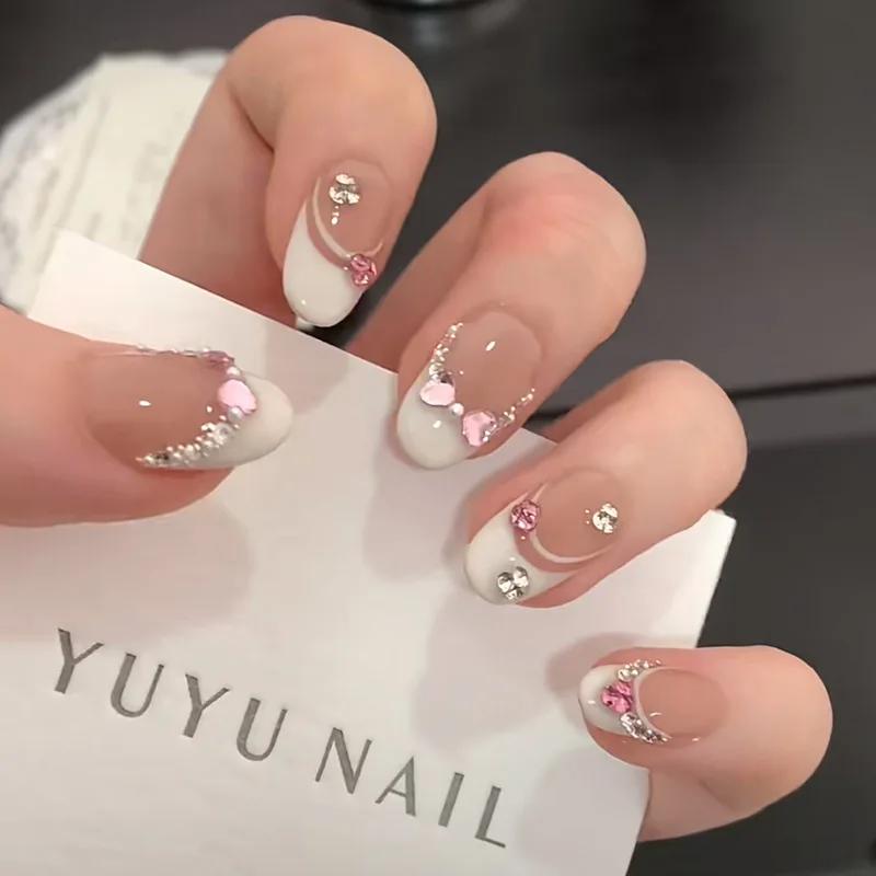 10 pièces blanc français rose coeur diamant manucure Art doux doux court ovale artificiel portant de
