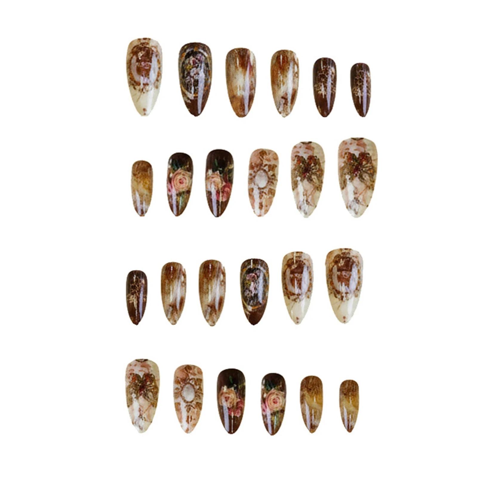 24 pièces ambre Rose faux ongles presse sur ongles avec peinture à l'huile motifs de fleurs longue a