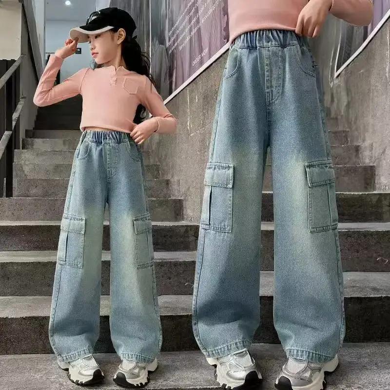 Jeans cargo pour filles, pantalons en denim à jambes larges pour enfants, vêtements de rue tendance 
