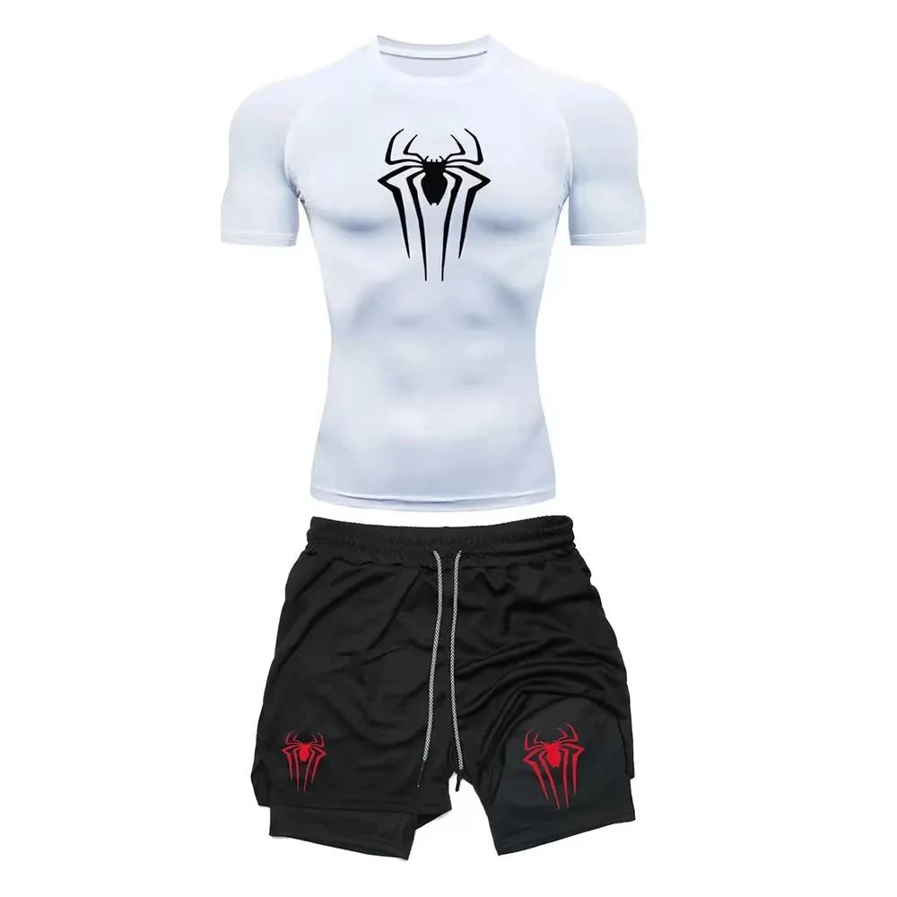 Ensemble de Compression d'entraînement pour hommes, t-shirt de gymnastique imprimé araignée Y2K, sho