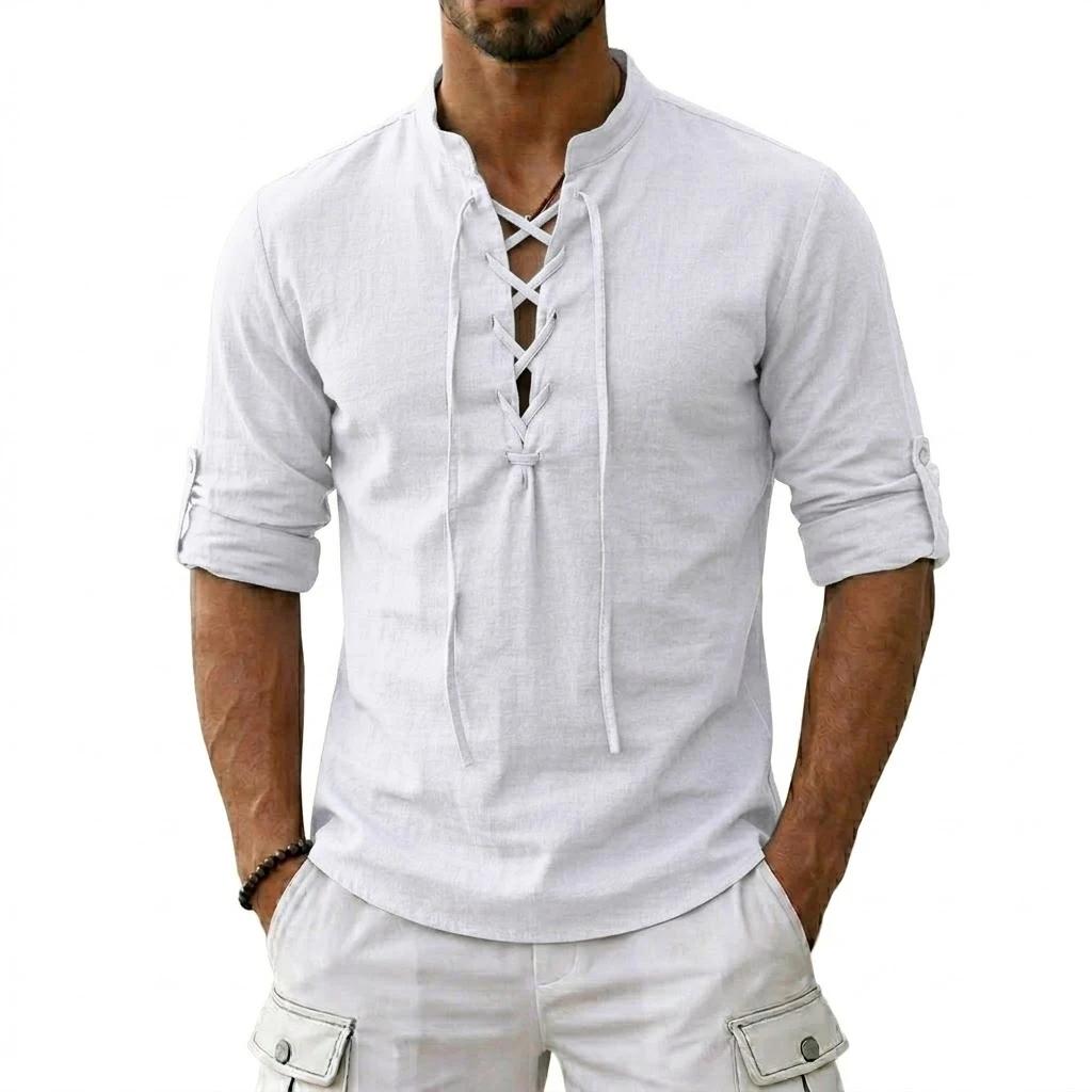 T-shirts en lin à manches longues pour hommes, style médiéval vintage viking, chemises en coton pour