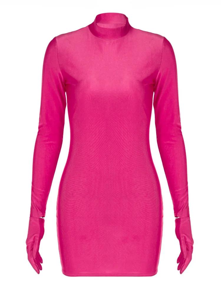 Mini robe moulante à manches longues avec gants, couleur unie, Sexy, Streetwear, tenue de fête, demi
