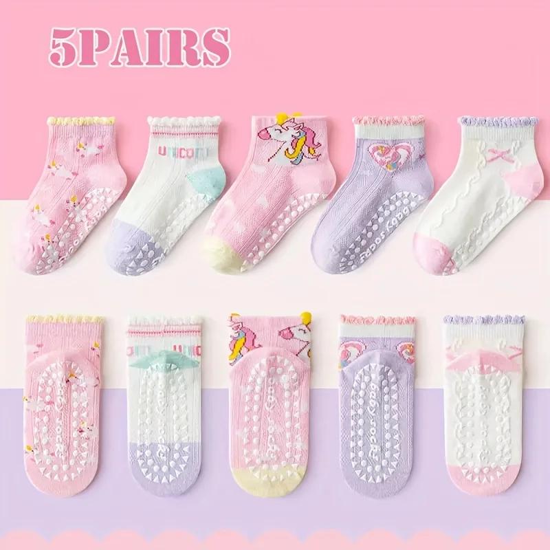 5 chaussettes pour filles à double maille, design licorne avec colle, tube court antidérapant, pour 