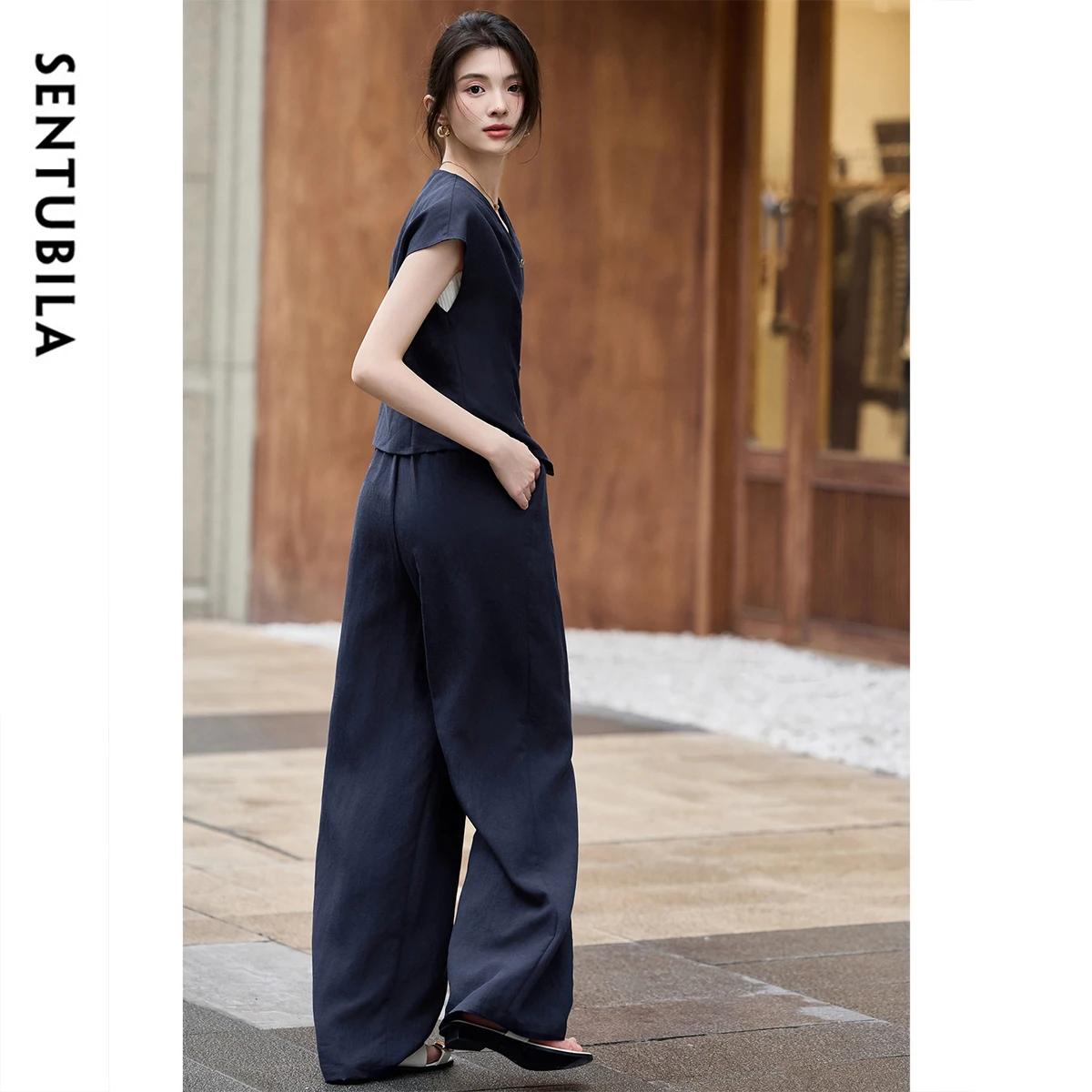 Ensemble pantalon en lin d'été SENTUBILA pour femme, tenue 2 pièces, chemise sans manches col en V s