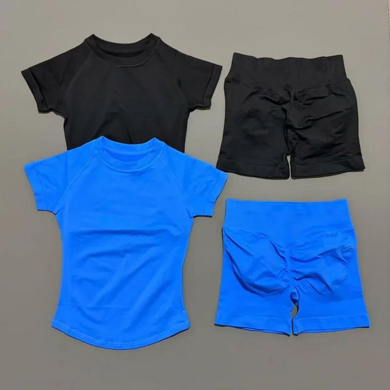 Ensemble de sport 2 pièces HISTELLO Df couleur unie, tenue de yoga sans couture à manches courtes po