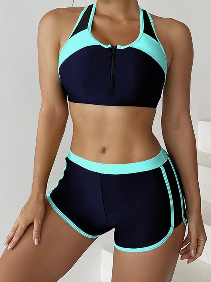 Maillot de bain deux pièces pour femmes, ensemble Tankini avec fermeture éclair, short taille haute,