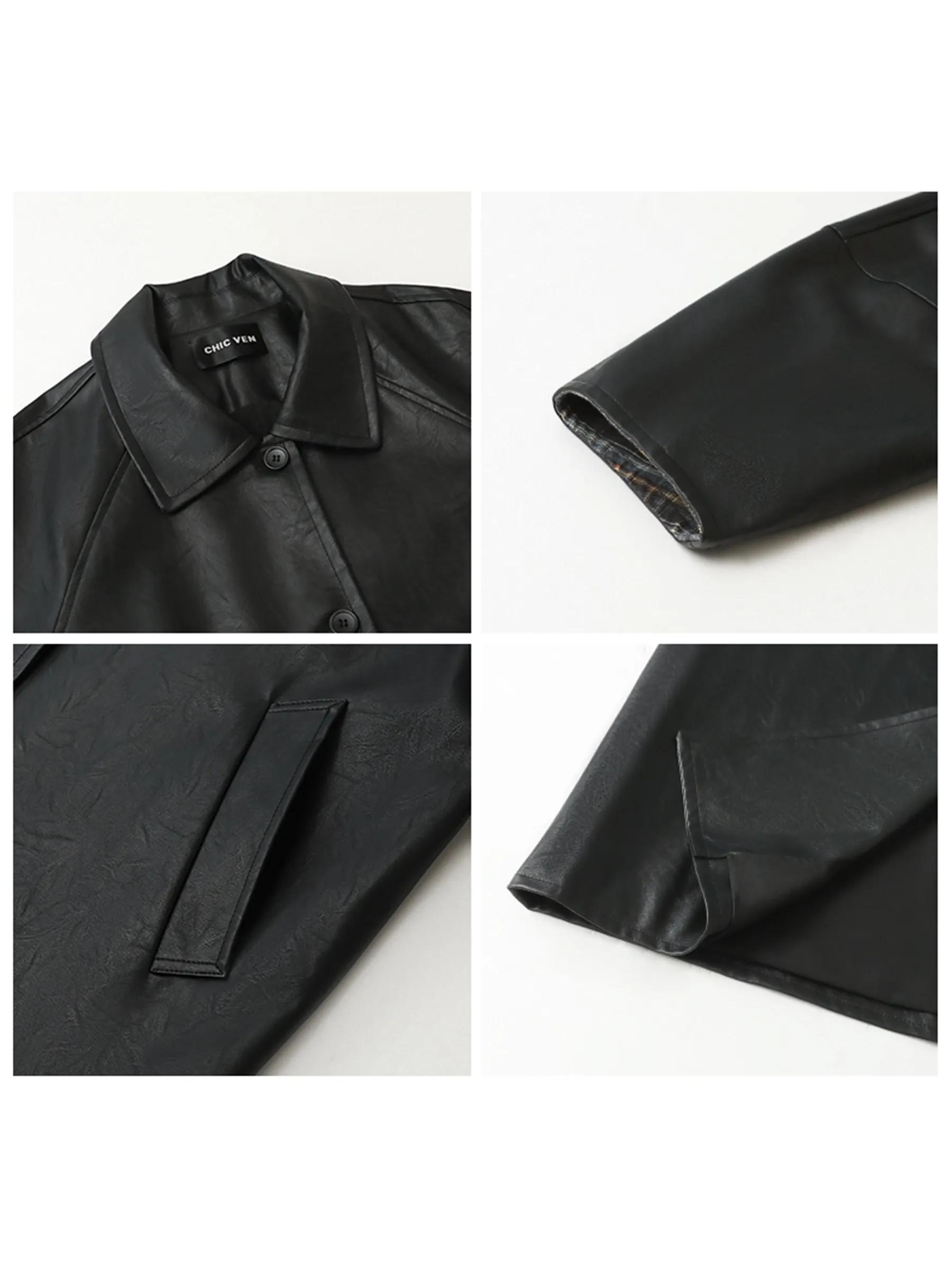 Manteau long en PU pour femme CHIC VEN, nouveau modèle décontracté avec ceinture, en similicuir, cou