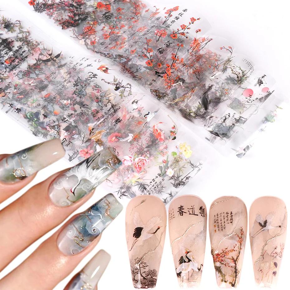 10 pièces feuilles à ongles caractère chinois grue bambou or poisson fleur Style chinois curseur aut