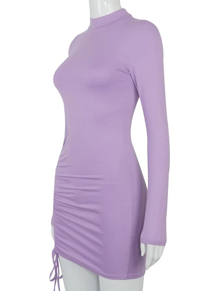 Robe moulante froncée à manches longues pour femmes, col roulé, Mini robe à bandes, noire, slim, ext