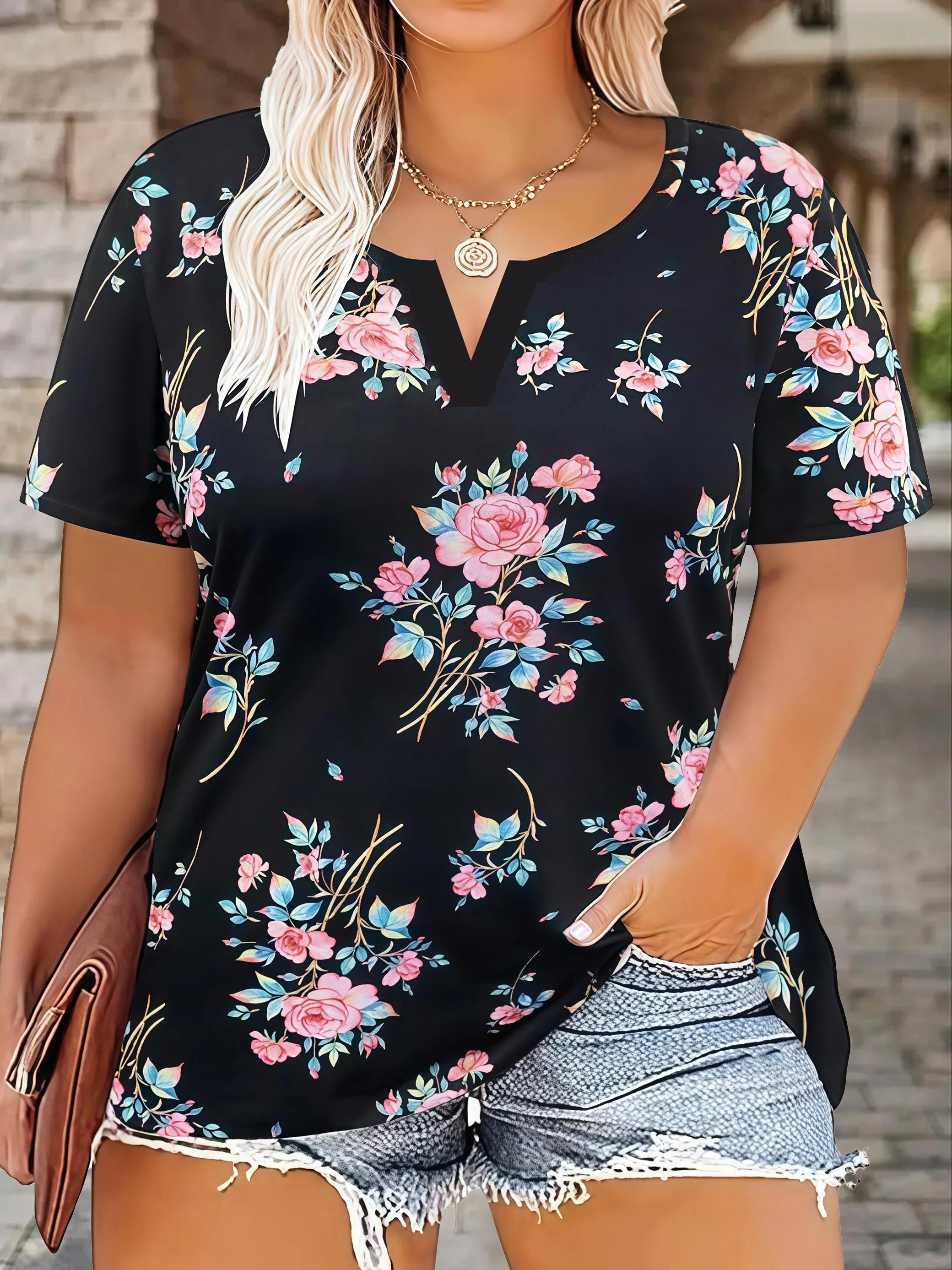 T-Shirt à manches courtes pour femmes, coupe ample, décontracté, imprimé Floral léopard, grande tail