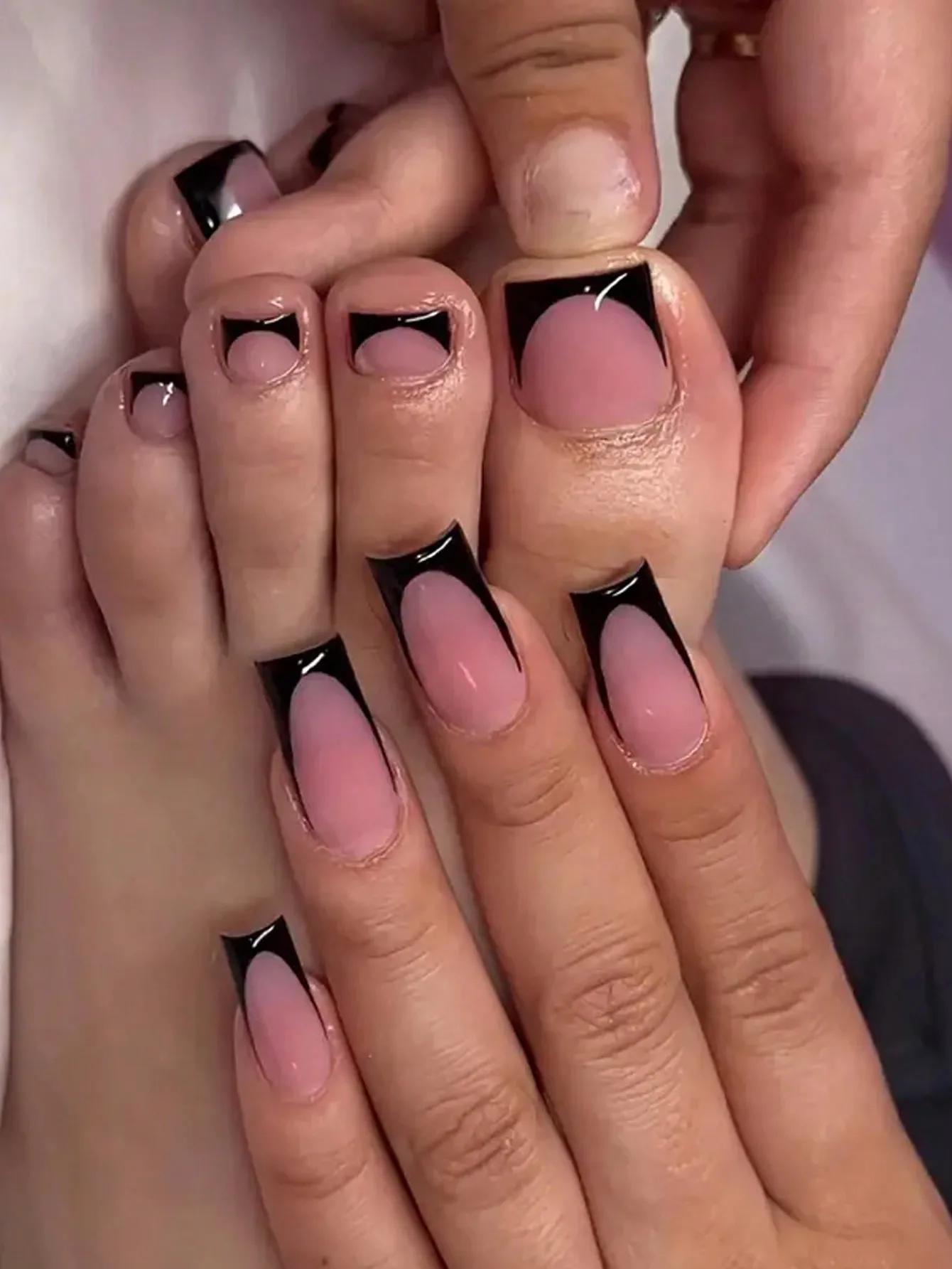 48 pièces français bordure noire armure des mains et des pieds faux ongles brillants entièrement cou