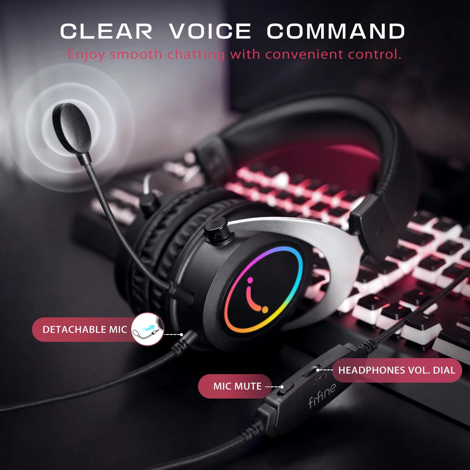 Casque de jeu FIFINE avec contrôle dynamique rvb/micro/en ligne, coussinets d'oreille en mousse à mé
