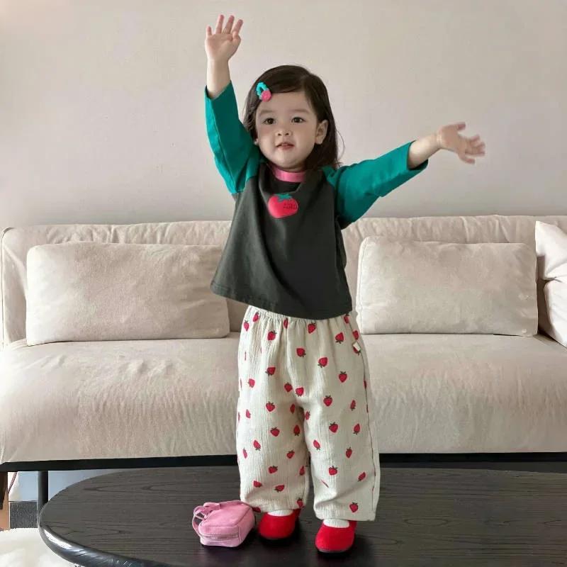 Pantalon d'automne pour fille, imprimé fraise, taille élastique, abricot, Long, décontracté, pour en