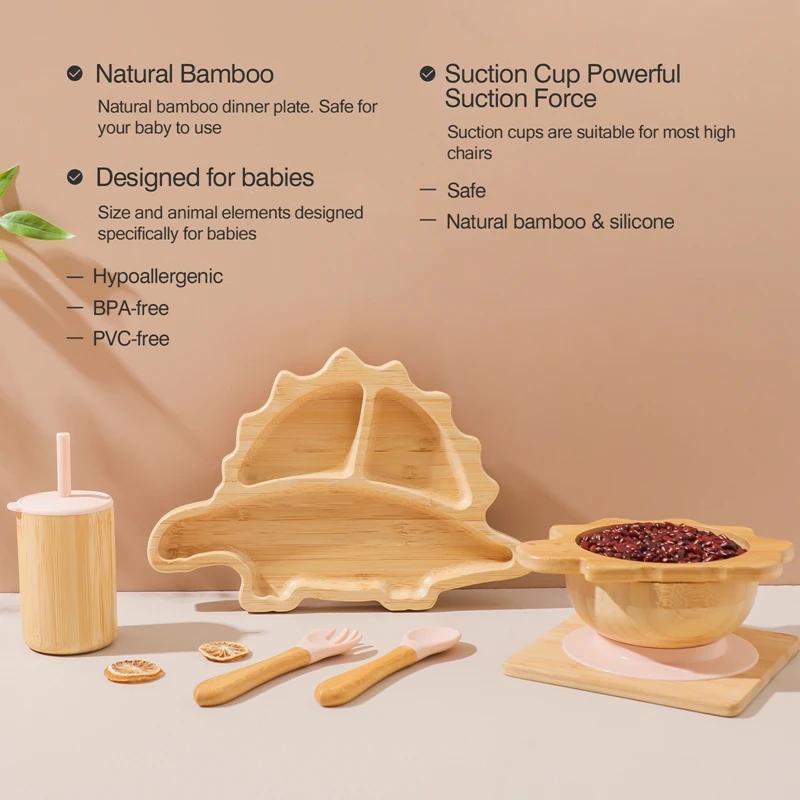 Filles d'Alimentation en Bois de Bambou avec Ventouse en Silicone pour Bébé, Dinosaure de Dessin Ani