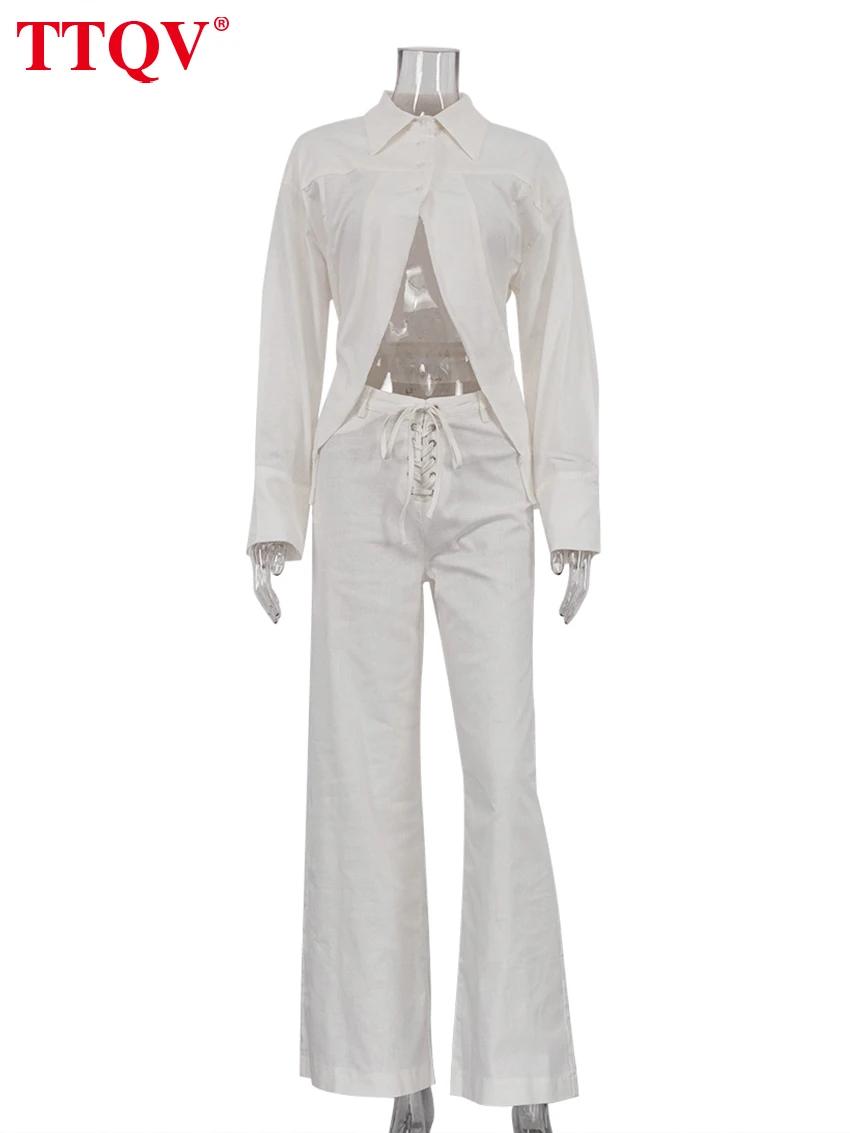 TTQV – ensemble deux pièces en lin blanc pour femmes, ample, élégant, chemise à manches longues avec