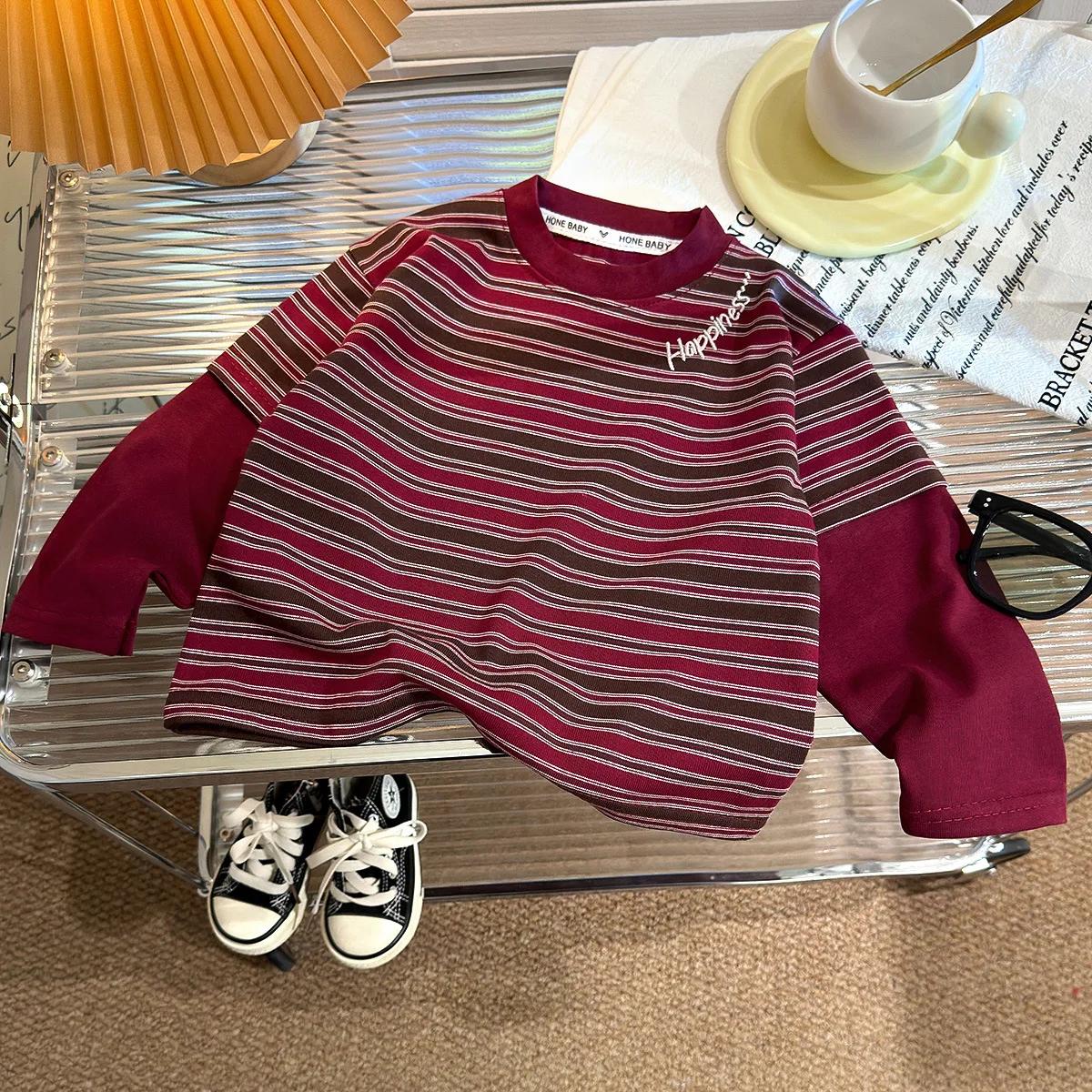 T-shirt rayé de style coréen pour garçons et filles, vêtements en coton respirant, vêtements de prin