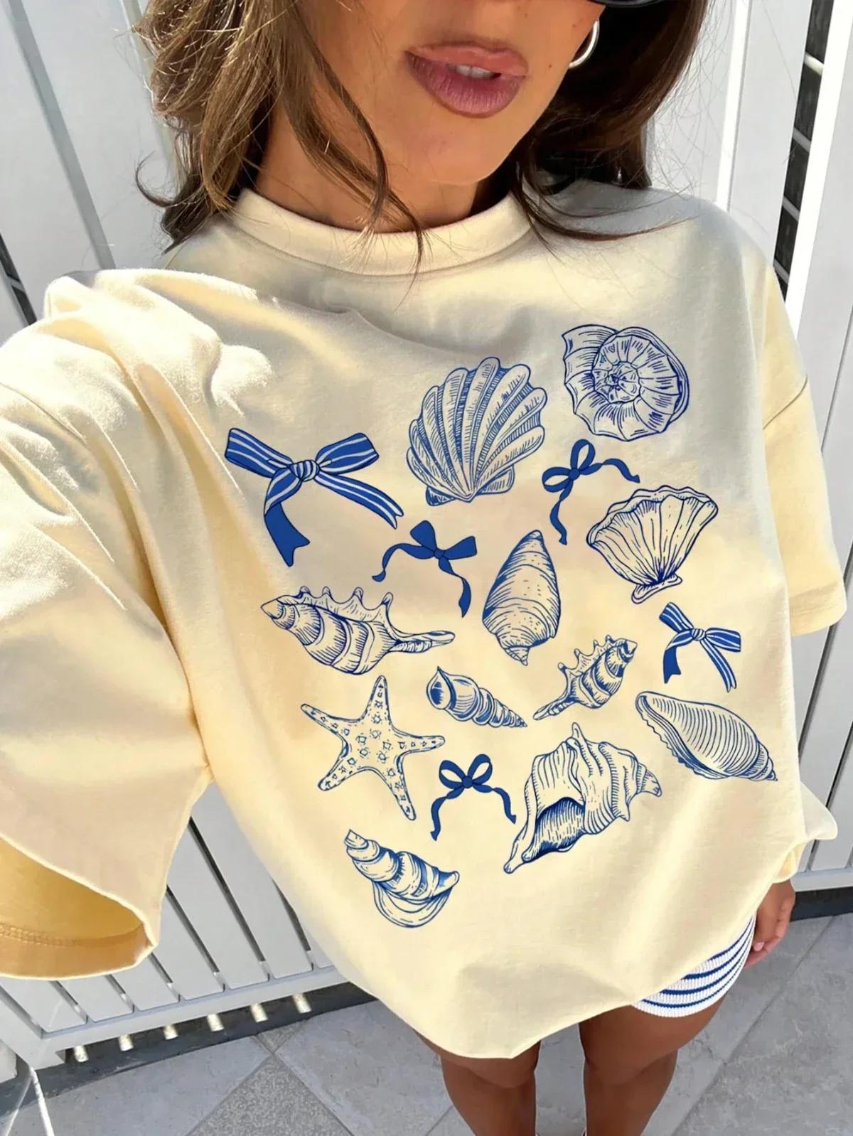 T-shirt à manches mi-longues pour femmes, ample, col rond, vêtements de rue, été américain rétro Y2k