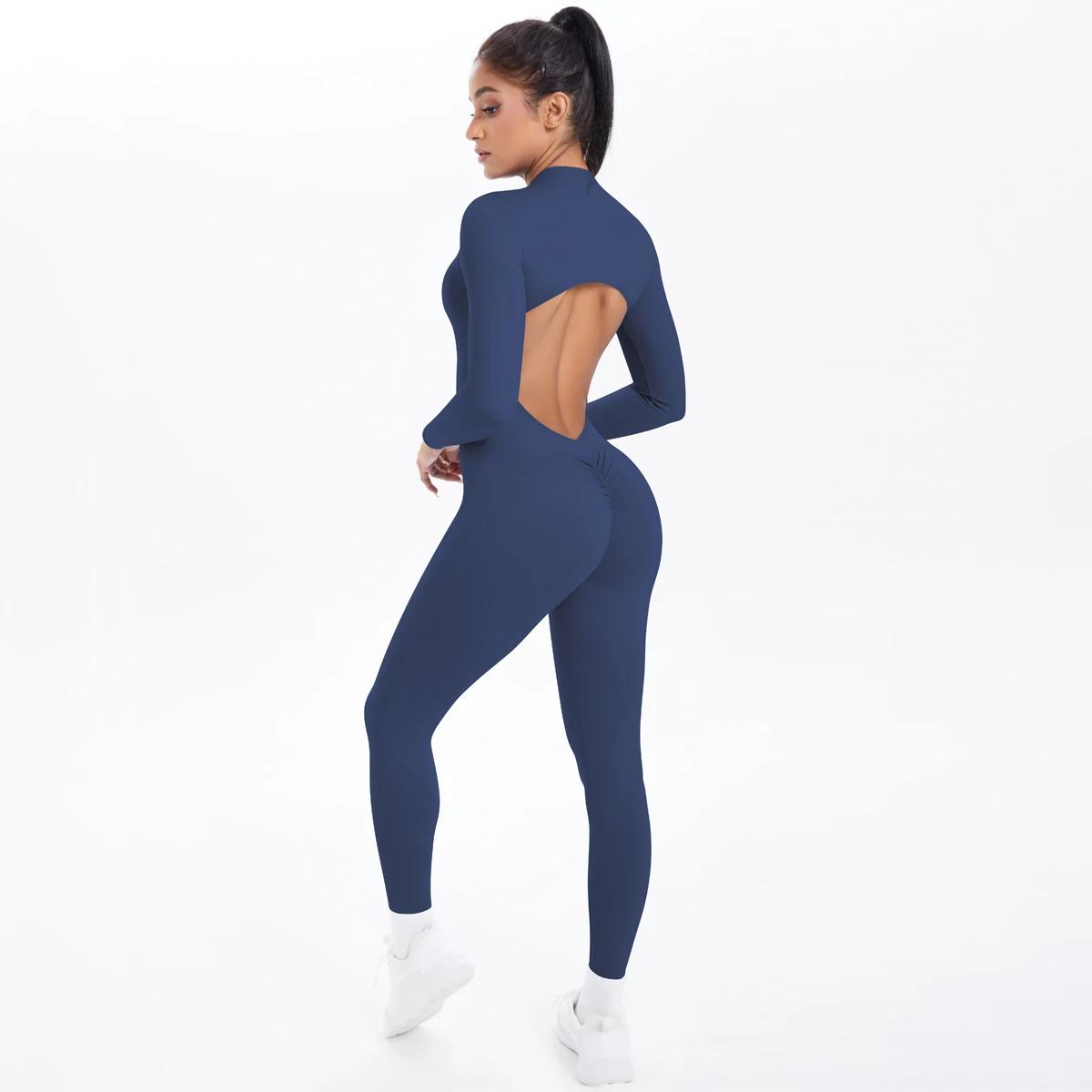 Body de couleur unie pour femmes, dos nu, manches longues, fermeture éclair, combinaisons de Yoga, h
