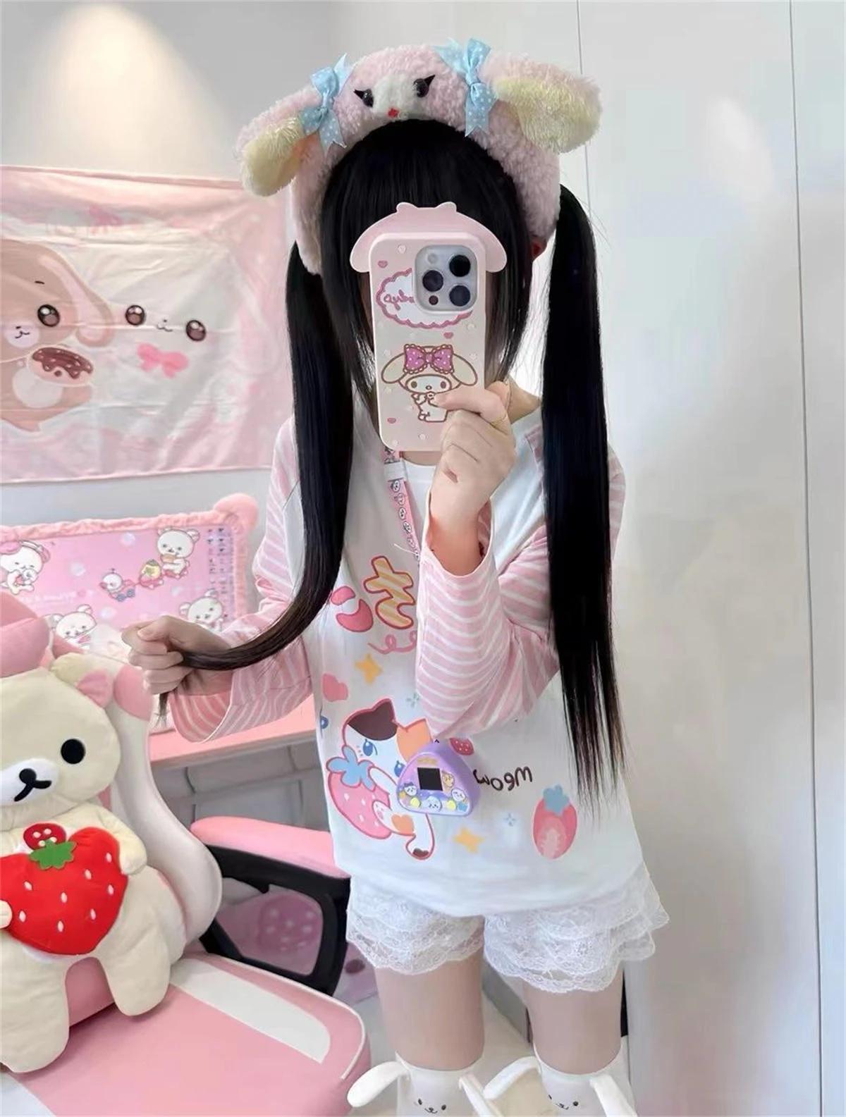 Kawaii dessin animé T-shirt Hip Hop rose T-shirt petit ami corée T-shirt à manches longues ample ray