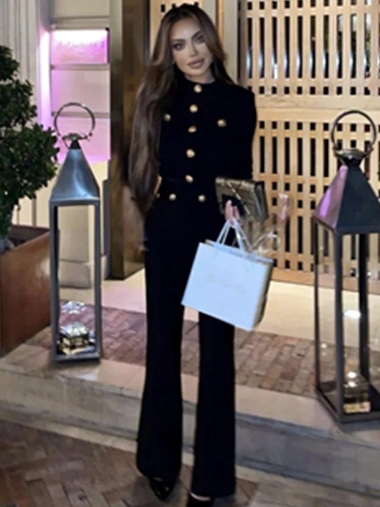 Nouveau Style d'automne couleur noire femmes à manches longues bouton rayonne Bandage manteau pantal