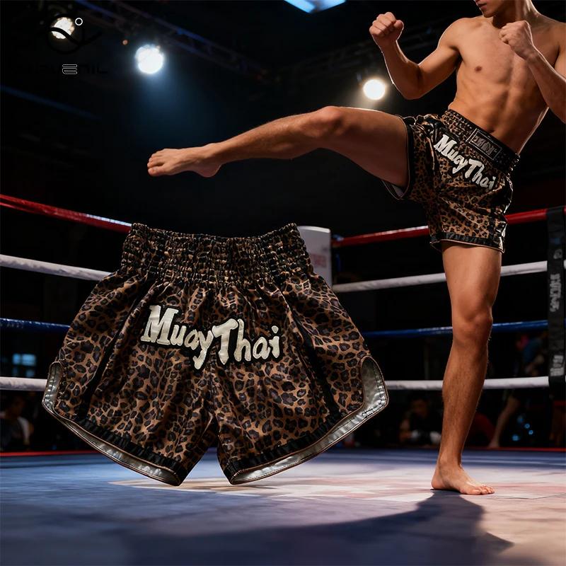 Short léopard Muay Thai marron, pantalon de combat Kickboxing pour hommes, femmes et enfants, short 