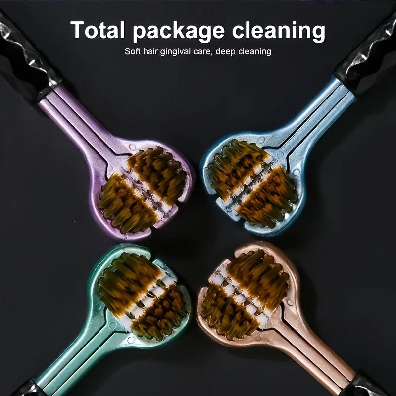 Ensemble de 4 brosses à dents manuelles ergonomiques avec 3 têtes de brosse, poils volcaniques dorés