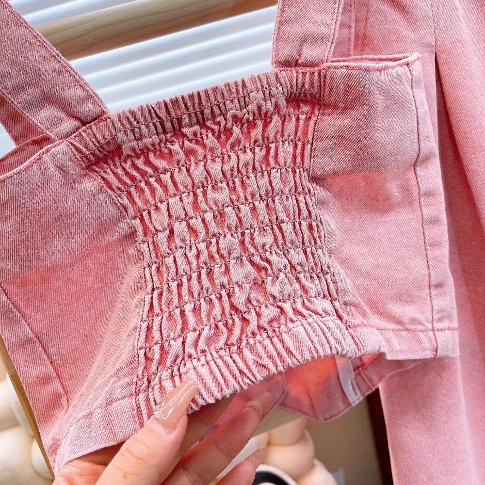 Costume d'été en Denim pour filles de 4 à 13 ans, couleur unie, bretelles + pantalon à jambes droite