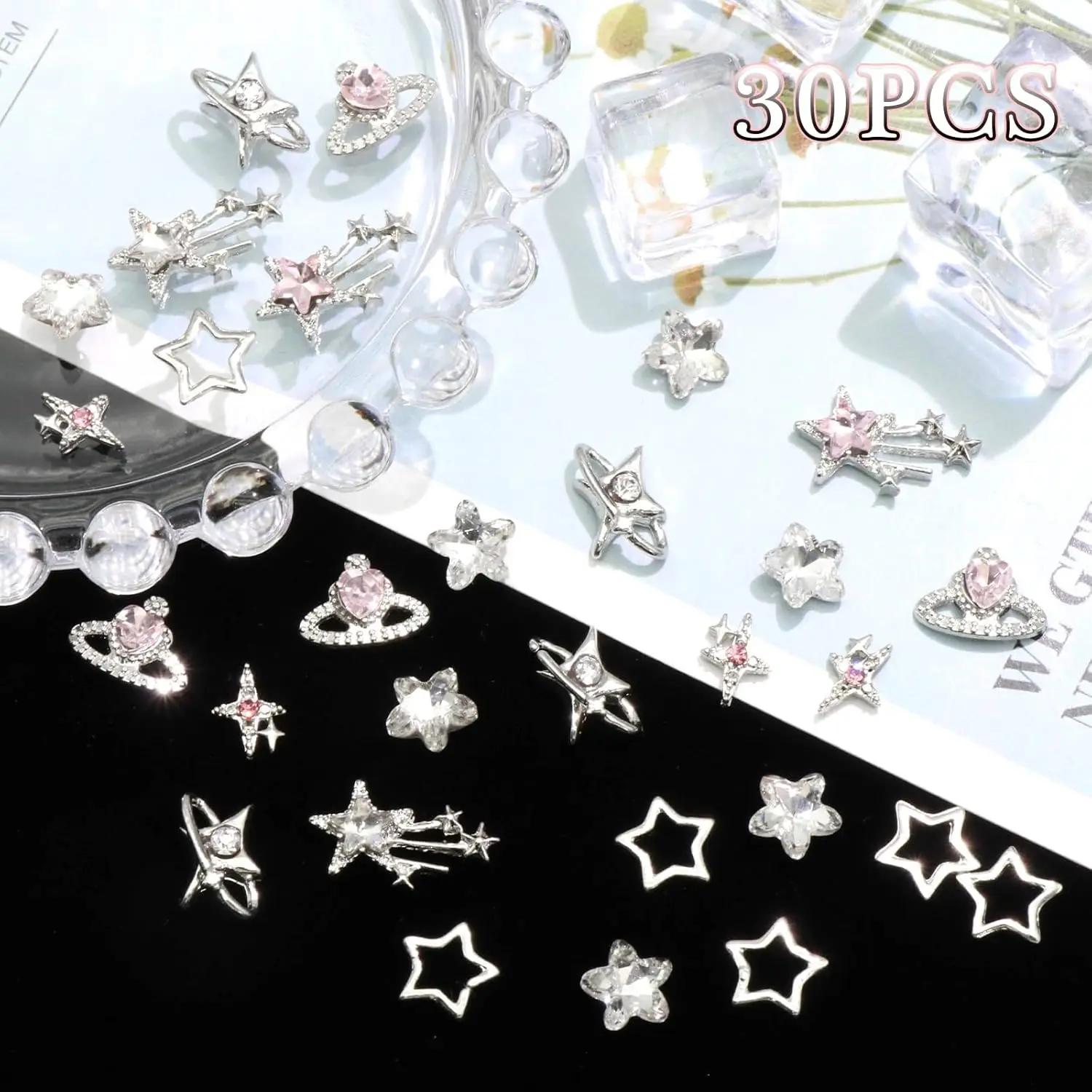 40 pièces étoile ongles breloques argent 3D étoile breloques rose ongles strass Multi Style Nail Art
