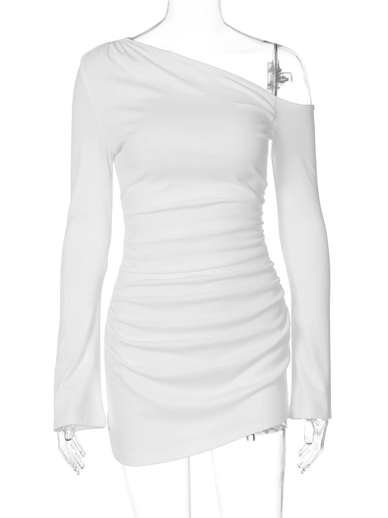 Dulzura épaule inclinée à manches longues froncé mince irrégulière Mini robe femmes solide Sexy tenu