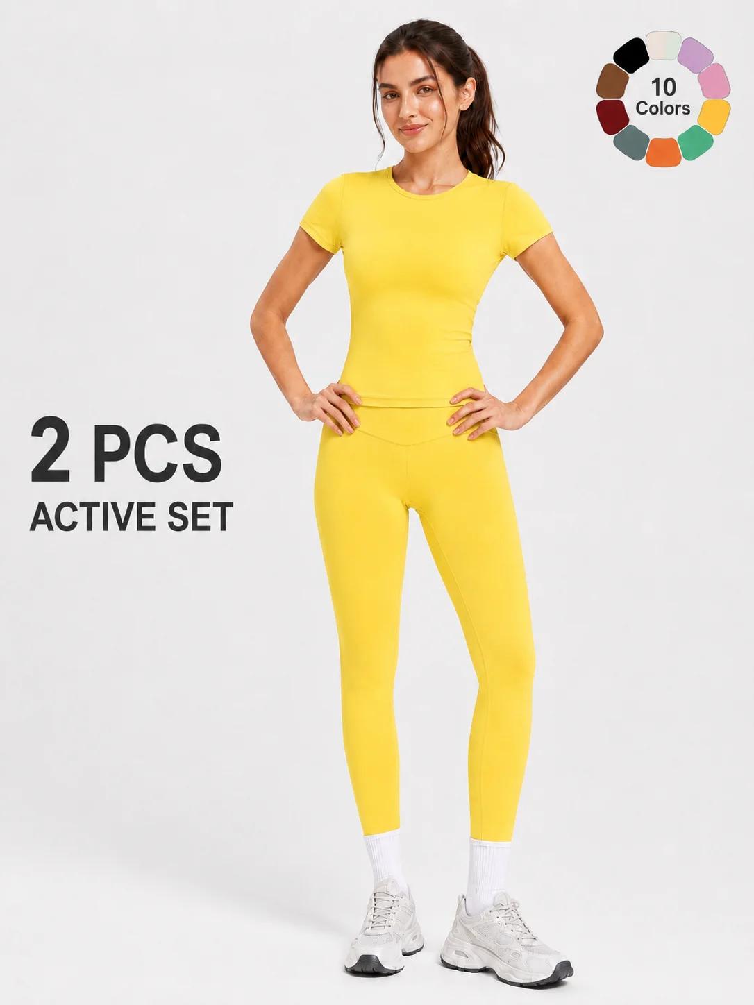 Ensemble de vêtements de sport pour femmes (haut à manches courtes + pantalon long) Vêtements de fit