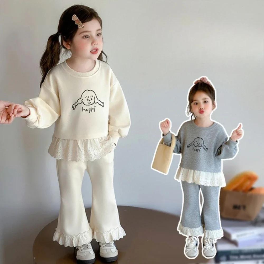 Vêtements unis pour filles, Version coréenne, épissure de dentelle, ensemble pour enfants, manches l