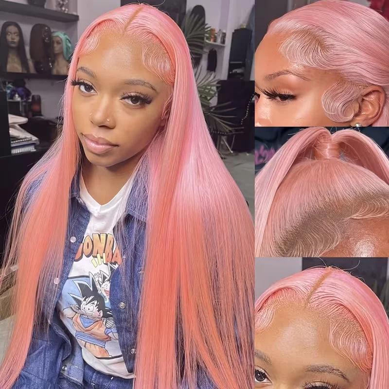 Perruques de cheveux humains droites roses 13X4 13X6 Hd perruques frontales en dentelle 32 36 pouces