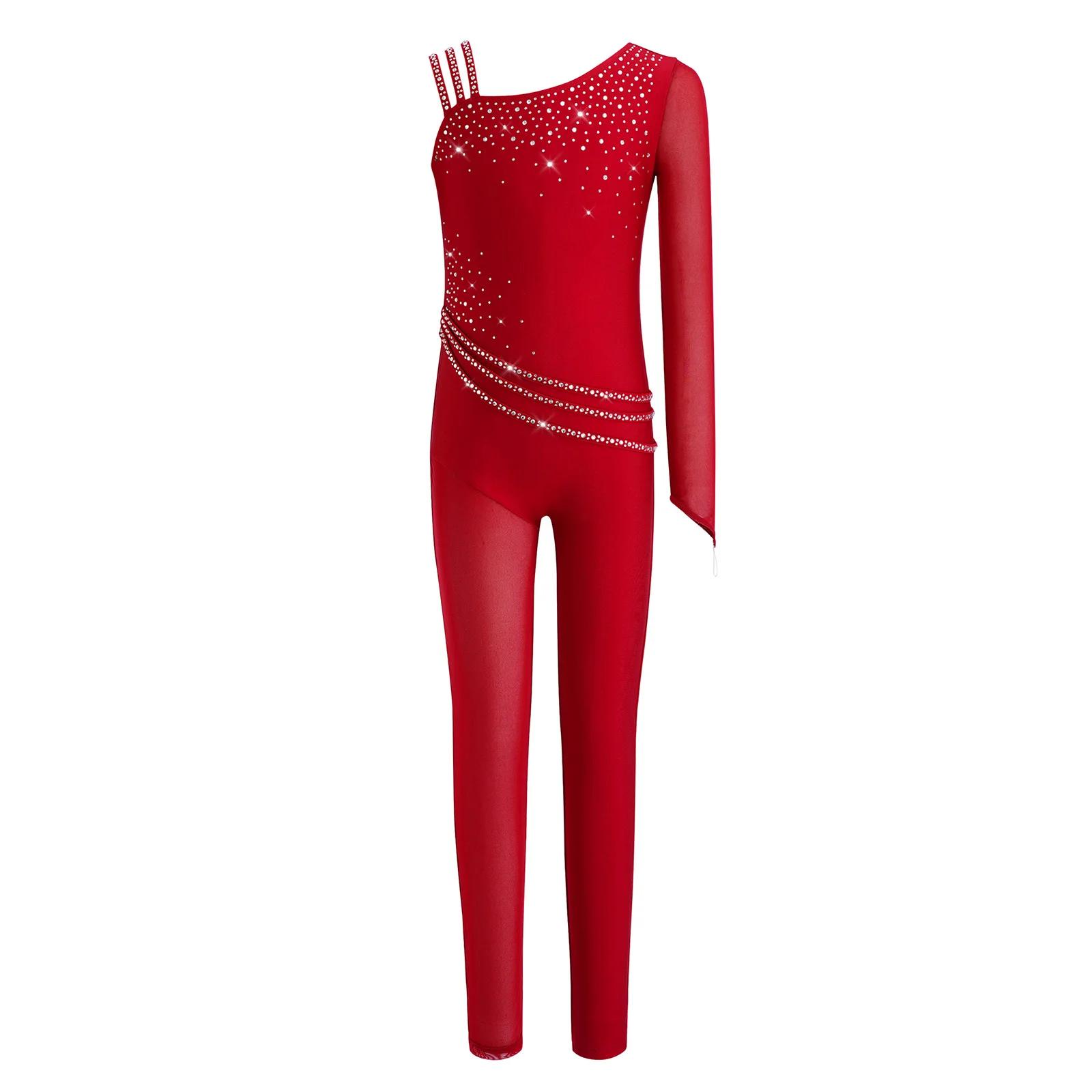 Justaucorps de danse et de gymnastique pour filles, avec strass scintillants, maille asymétrique, co