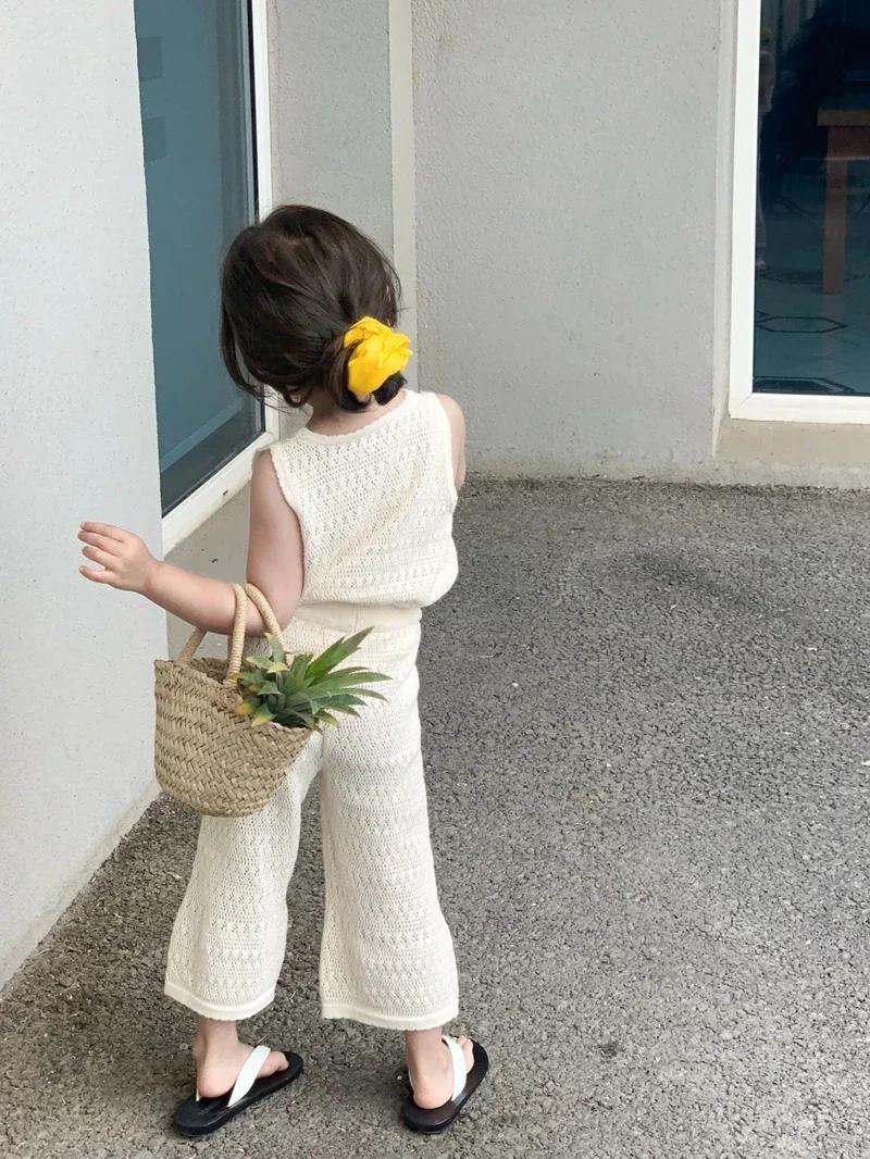 Ensemble de vêtements d'été pour filles, tricoté fin coréen, gilet ajouré et respirant + pantalon à 