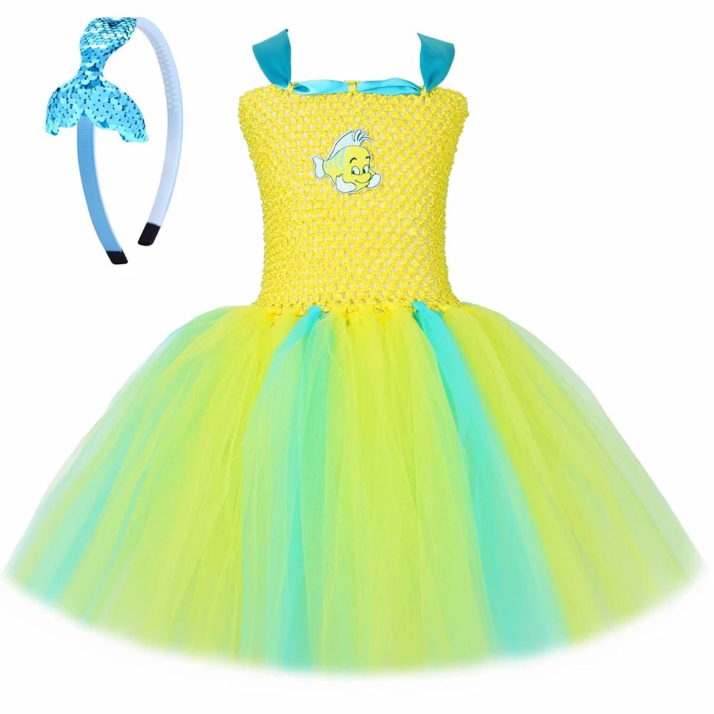 Costume de flétan pour tout-petits, petite sirène, robe tutu jaune de poisson tropical, robe de fête