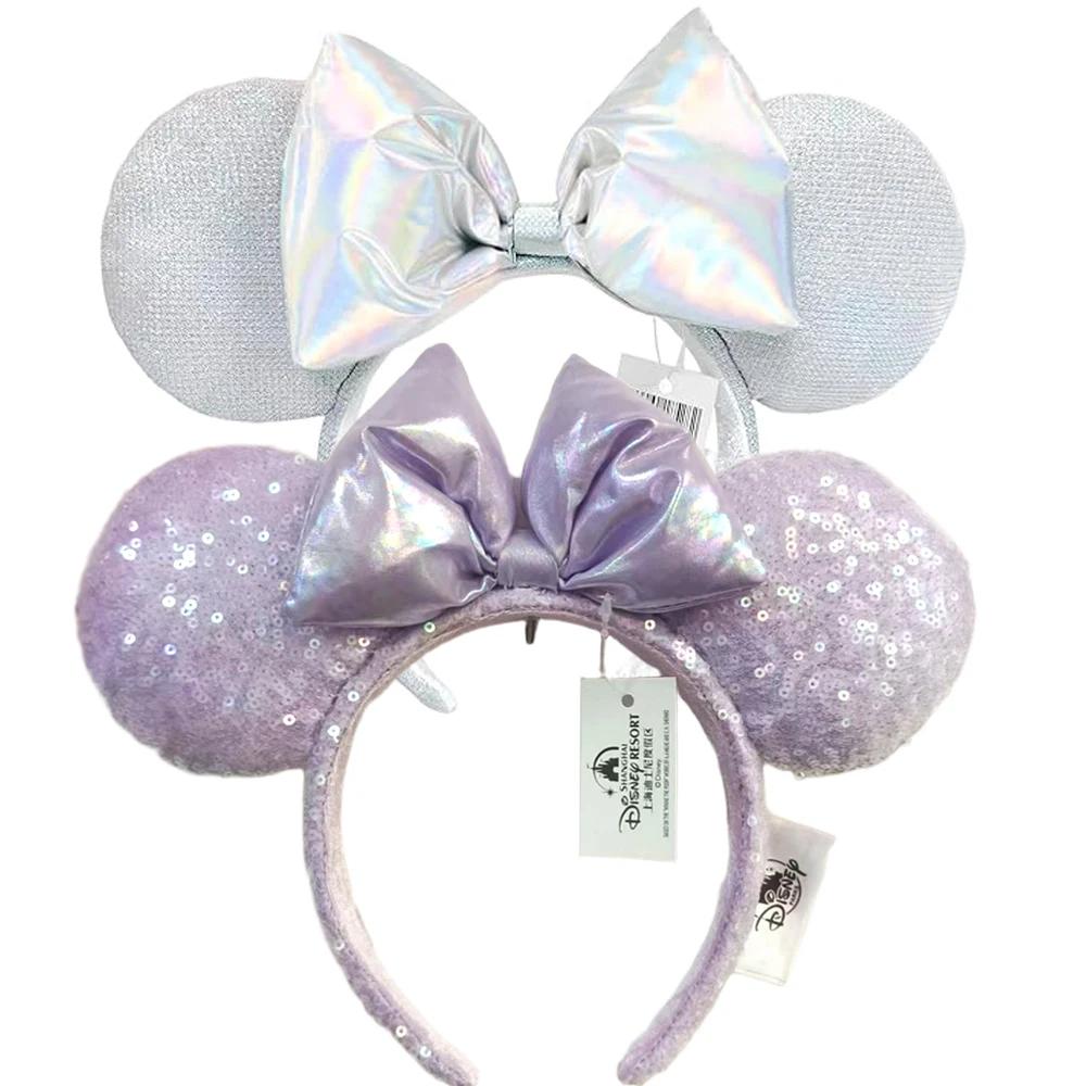 Bandeau oreilles Disney Minnie Mouse avec nœud à paillettes violettes, cerceau pour cheveux Cosplay 