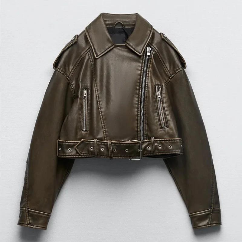 Veste courte Vintage en Faux cuir Pu pour femme, ample, avec ceinture, Streetwear, fermeture éclair,