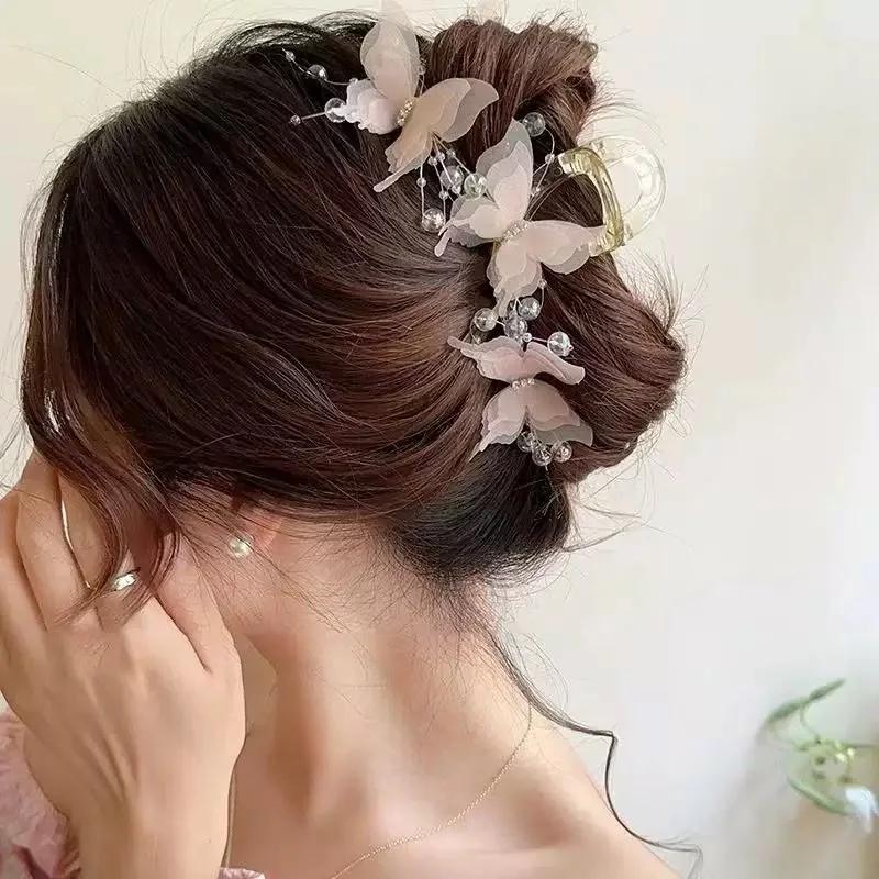 Pince à griffes papillon transparente bleu clair/rose |   Pince à cheveux Fairycore en perles et str