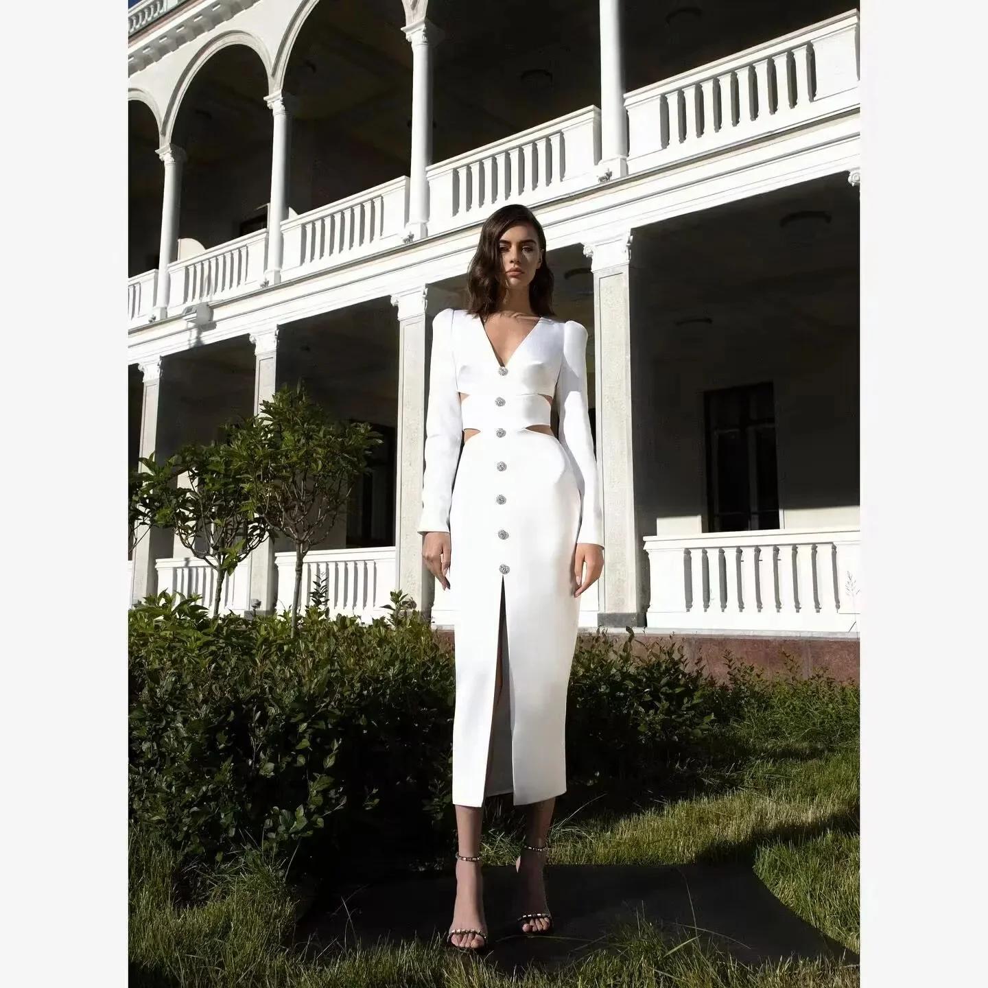 Robe mi-longue à bandes pour femmes, col en V, fendue, découpée, élégante, moulante, Sexy, mode, man