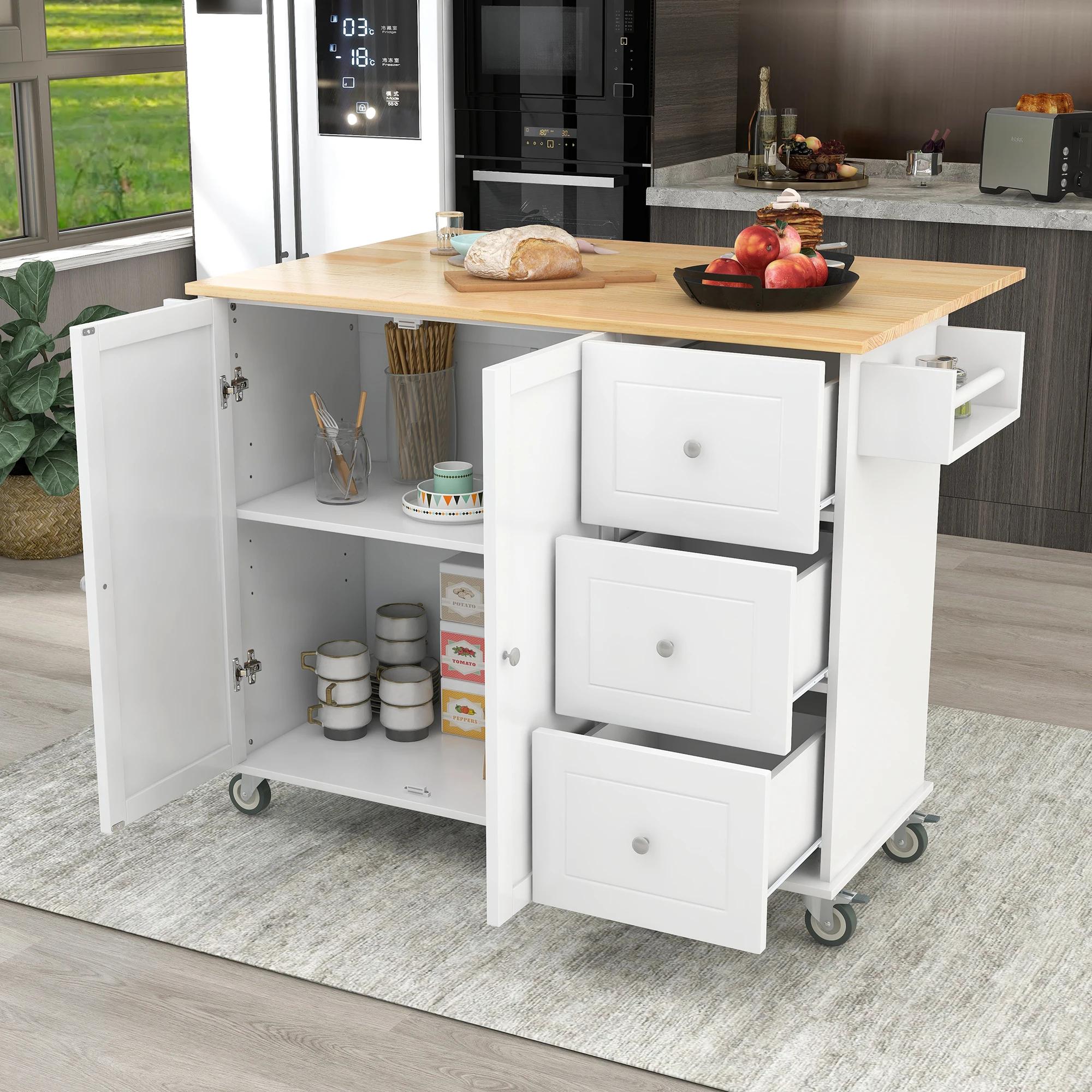 Îlot de cuisine mobile roulant avec plateau en bois massif et roues de verrouillage, armoire de rang