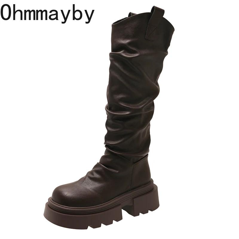 Automne hiver plate-forme fond épais femmes bottes longues mode sans lacet chaussures Vintage dames 
