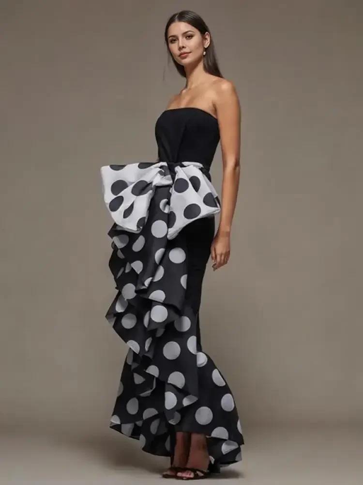 Bonboho-Robe fourreau serrée à pois pour femmes, robes de soirée à volants ornées de nœuds, robe de 