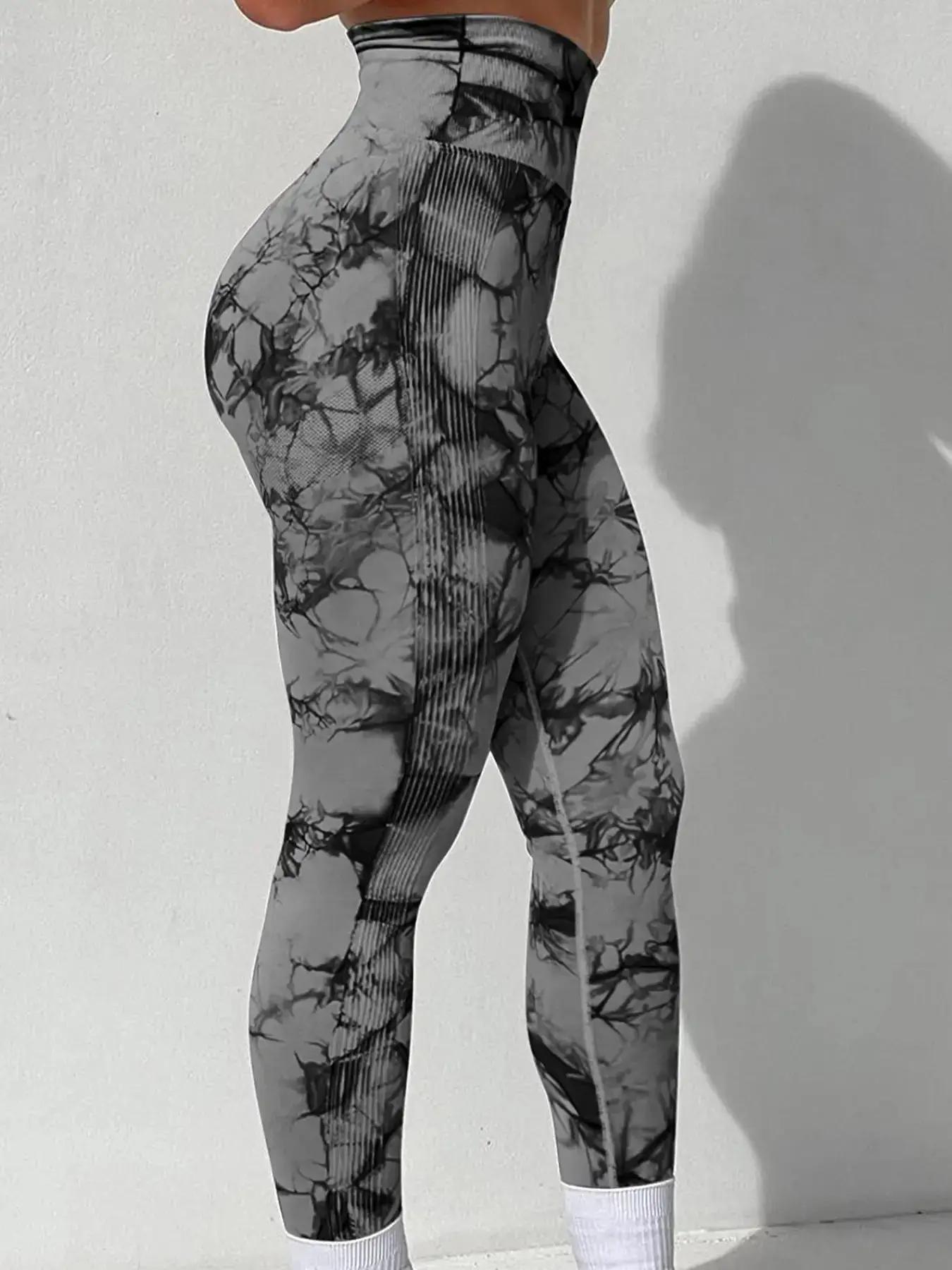 Pantalon de Yoga extensible pour femmes, teinture par nouage, sans couture, fesses pêche, taille hau