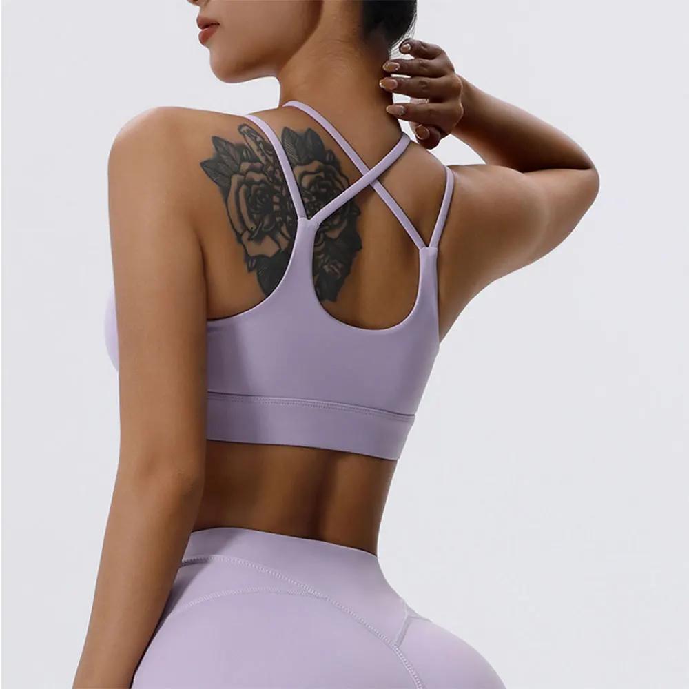 Soutien-gorge sport femme push-up - Brassière fitness respirante à sangle croisée