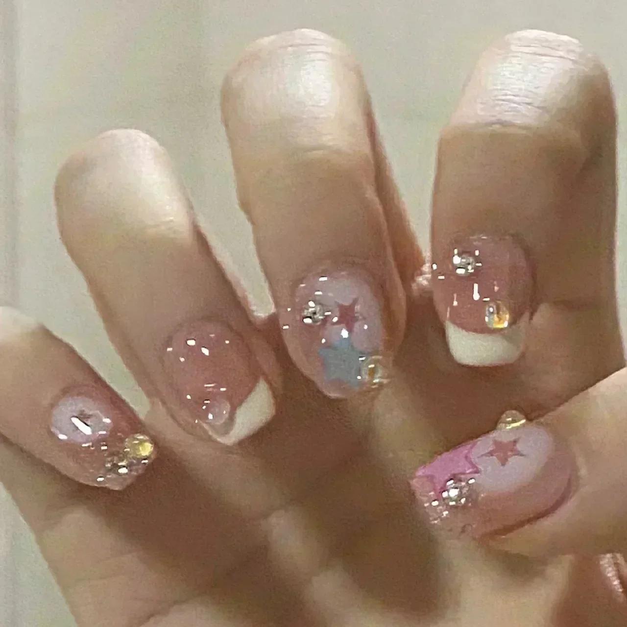 Faux ongles français détachables à pression courte, strass Y2k, avec colle, pour Ballet, doux et Coo
