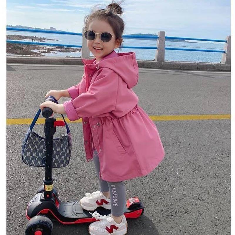 Veste coupe-vent à capuche rétractable pour filles, style long, collection printemps-automne, très v